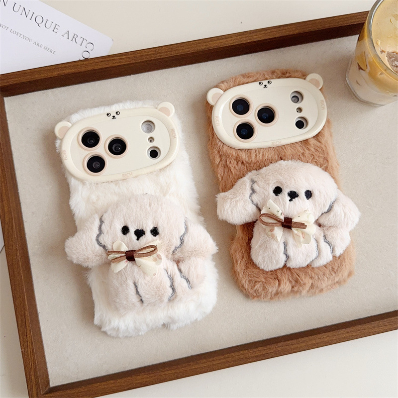 Phone Cases For Iphone 11 - 3D Cartoon Bowknot Puppy Warm Fluffy